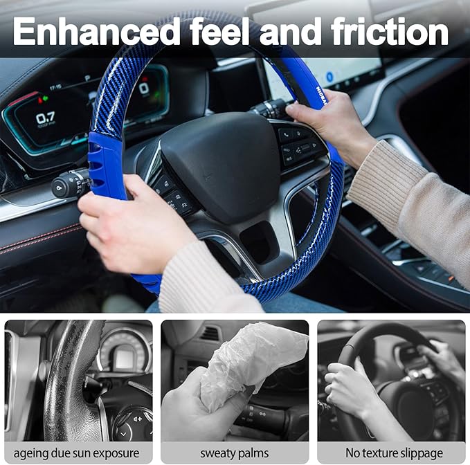 Sport Style Blue PU Leather Steering Wheel Cover with Bright-Blue Sport Grip Anti-Slip Breathable Steering Wheel Accessory Universal Fit 14.75-15 inch