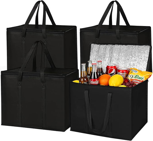 2 I 4 Pack Insulated Reusable Grocery Shopping Bags with zippered top,Food Delivery Bag,Collapsible Cooler Bag