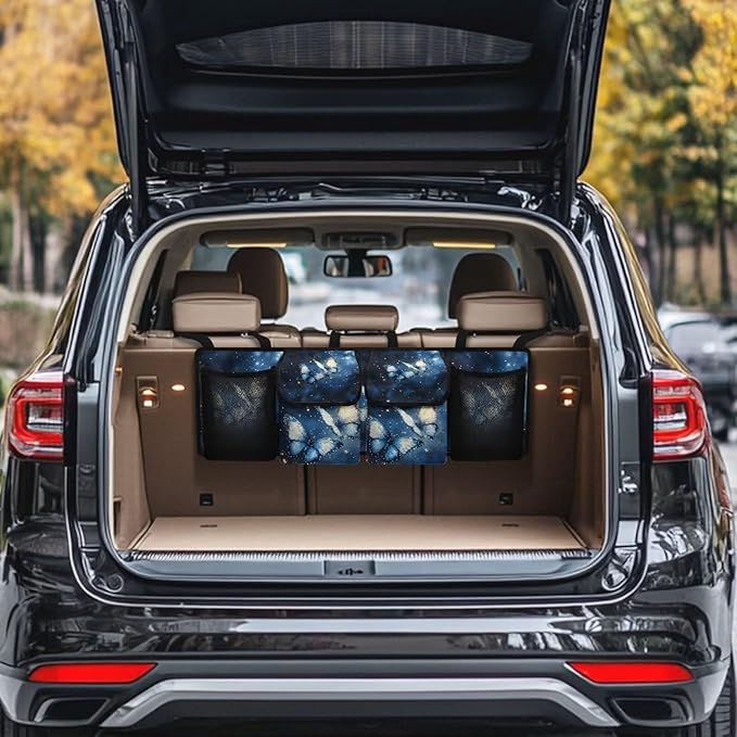 Blue Butterfly Print Car Trunk Organizer, Hanging Car Back Seat Storage Bag Multipurpose Auto Trunk Organizer Universal Automotive Trunk Storage Accessories