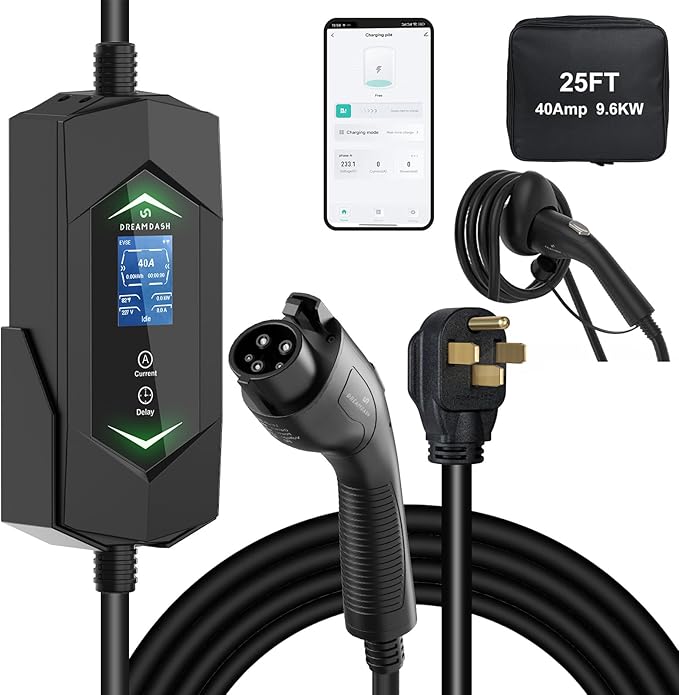 Level 2 EV Charger,40Amp 9.6KW,(WiFi APP/Plug-Play),240V NEMA 14-50 Plug,25ft ETL Listed Cable/J1772 Connector,IP66 Waterproof,Adjustable Current,Delay Timer,Electric Vehicle Charging Stations
