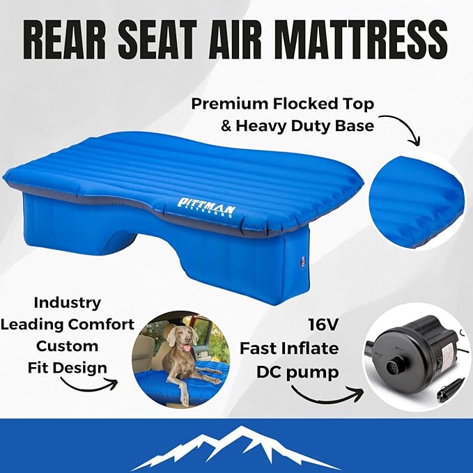 Pittman Outdoors Backseat Bed Air Mattress – 60” Rear Seat Air Mattress for Trucks, Vans & Large SUV – Includes Pump, Pillow & Storage Bag – Inflatable Back Seat Air Mattress – Blue