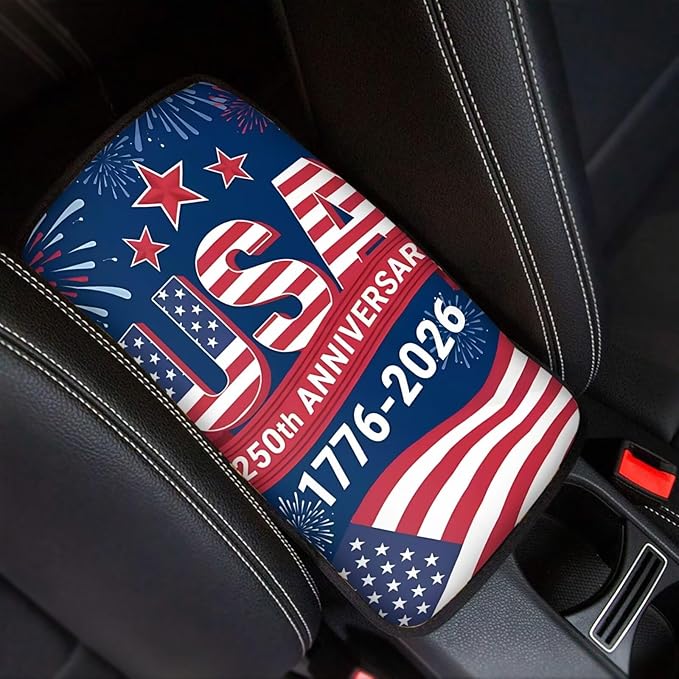 Dreaweet USA 250th Anniversary Center Console Cover 1776-2026 Flag Car Accessories Armrest Box Storage Mat Soft Comfort Arm Rest Cover for Car Truck SUV