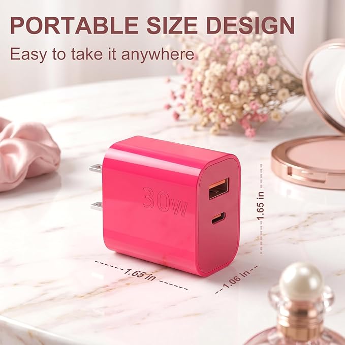 Aolcev for iPhone Charger Fast Charging 2 in 1 USB A USB C Charger Block 30W Cute Type C Fast Charging Blocks for iPhone 17 16 15 14 13 for iPad USB C Charging Adapter for Galaxy S26 S25 S24 Rose Pink