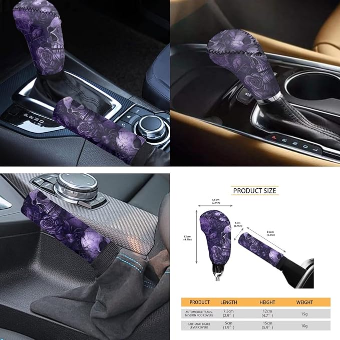 FKELYI Skeleton Car Seat Covers Full Set Purple Floral +Multicolor Mandala Cup Coasters+Headrest Covers+Anti-Slip Steering Wheel Cover+Gear Shift Cover+Handbrake Cover