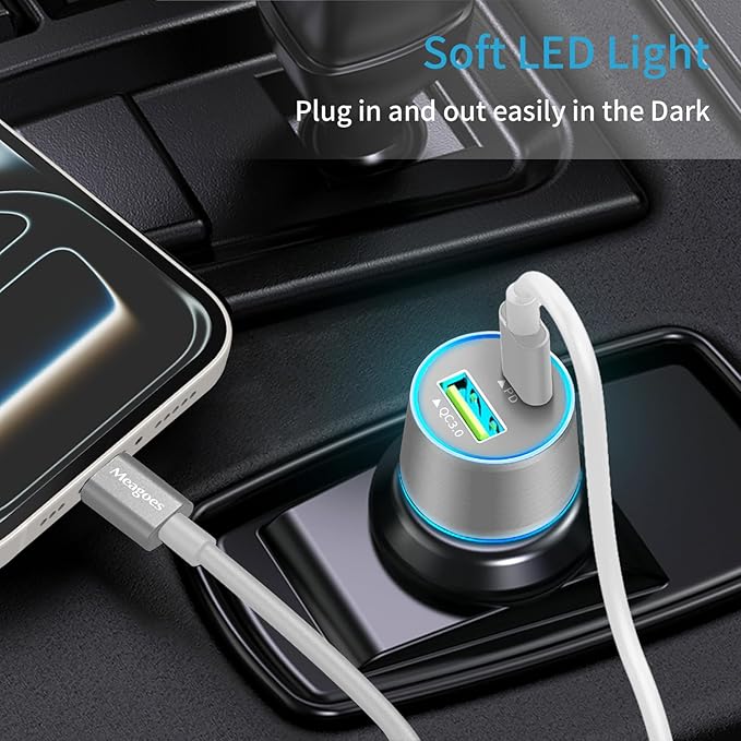 67.5W White Car Charger USB C Super Fast Charging, 45W USBC&QC3.0 Port Plug for iPhone 17 Pro Max/Air/16/15/iPad, Samsung S26 Android Cell Phone, Dual 12V Cigarette Lighter Adapter+3 ft Type C Cable