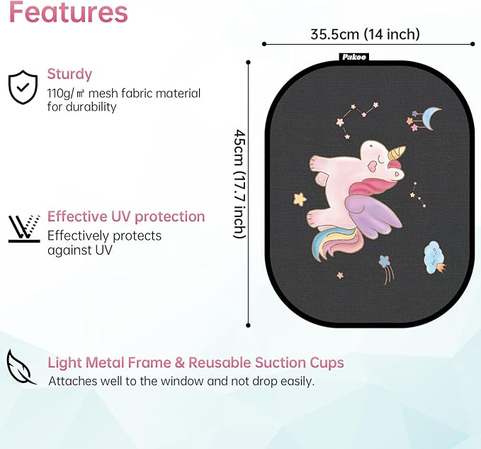 Car Window Shade for Baby, 2 Pack UV Protection Breathable Universal Fit Mesh Car Window Shades, 2 Pack with 8 Suction Cups- 17.7 x 14 inches