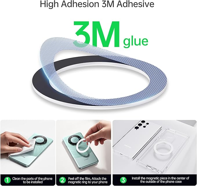 pzoz A/B Dual-Sided (1 Set) Magnetic Ring Sticker for MagSafe iPhone 16 Holder Phone Case Suction Cup Wireless Charger Car Mount Bathroom Kitchen, for iPhone 15 14 13 12 Pro Max, Samsung (White)
