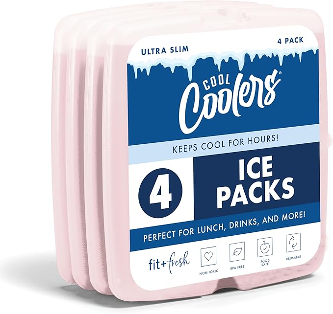Cool Coolers by Fit & Fresh Slim Ice Packs, Quick Freeze Reusable Ice Packs for Lunch Boxes & Coolers, Long-Lasting, Space Saving Lunch Ice Packs, Light Pink, 4Pk