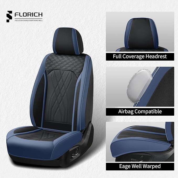 FLORICH Leather Front Car Seat Covers Waterproof Durable Front Seat Protector for Cars Luxury Seat Cover Breathable Vehicle Seat Cushion Universal Fit for Most Car Truck SUV, Black&Blue