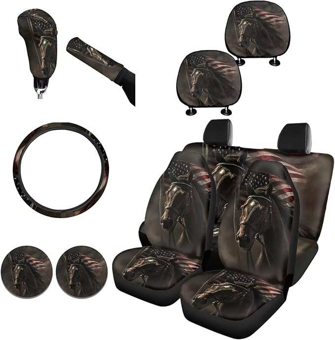 FKELYI Horse Auto Anti-Slip Steering Wheel Protector and Front and Back Seat Covers, Soft Polyester Headrest Cover, American Gear Shifter Knob and Handbrake Cover, Cup Coasters