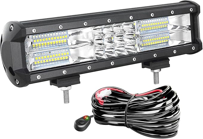 AUXTINGS 12 inch 180W LED Light Bar Triple Row Spot Flood Beam Off Road Lights Waterproof Work Light with Wiring Harness for Jeep Trucks SUV ATV UTV Boat Lights,DC 12V 24V