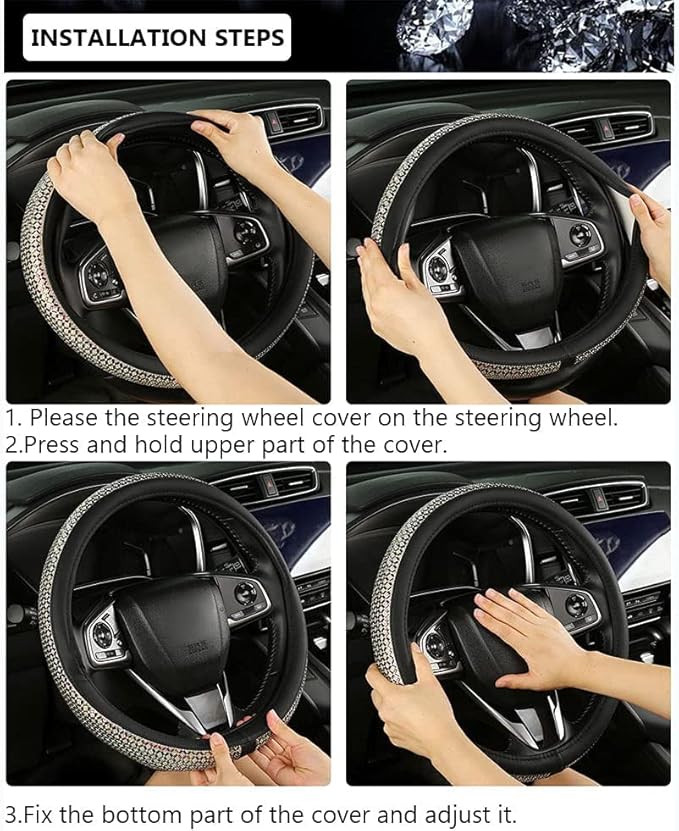 Bling Dianmond Leather Steering Wheel Cover for Women Girls with Crystal Rhinestones, Universal Fit 14.5“-15” in Car Steering Wheel Cover Accessories