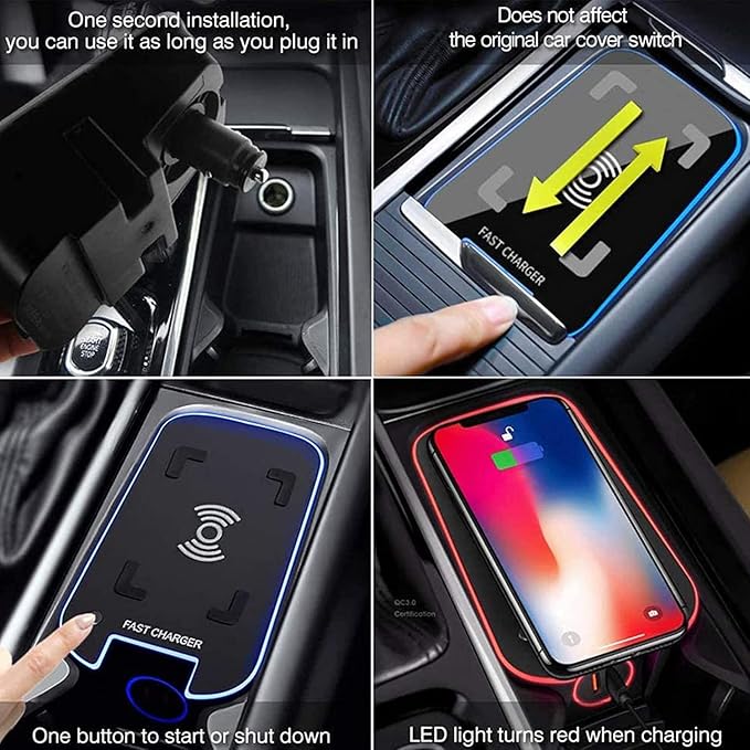 Wireless Car Charger Compatible with Volvo XC90 XC60 S90 S60 V90 V60 2024-2016, Center Console Accessory Panel, 15W Qi Fast Charging with USB QC3.0 Ports
