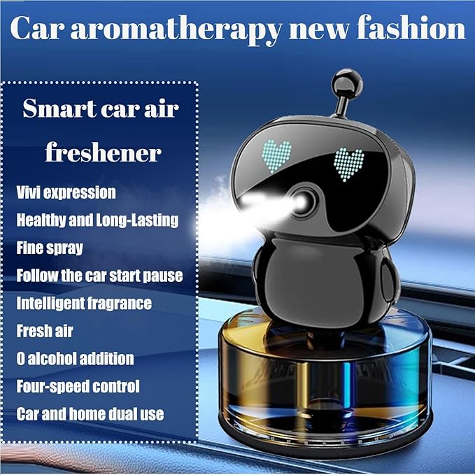 Robot Intelligent Aromatherapy Machine, Smart Cute Robot Car Air Freshener - Fine Spray/Fillable/Four-Gear Adjustment/Vibration Sensing/On-Off/Large Capacity Long-Lasting Fragrance/V1 (Black, Cologne)