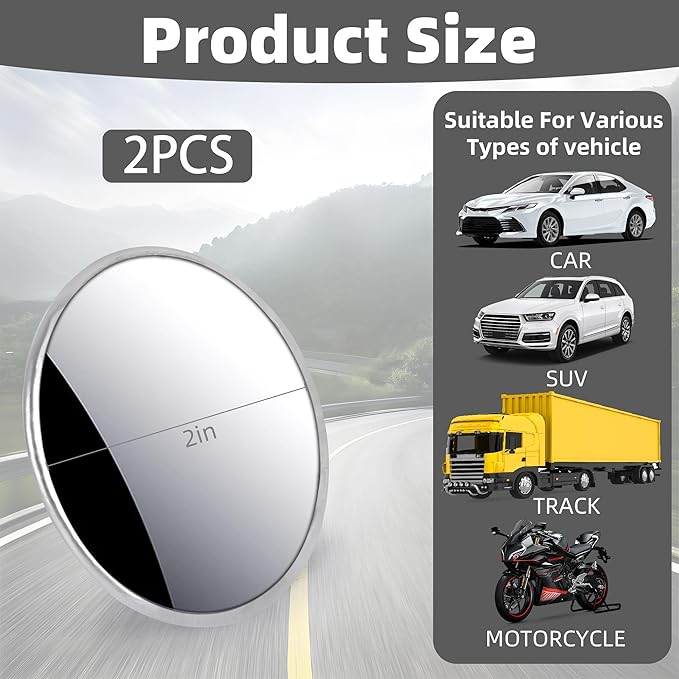 Blind Spot Car Mirror 2 Pack-2 Inch Round Rear View Convex Mirrors for Cars/SUVs/Motorcycles/Trucks/Trailers/Snowmobiles/Bicycles/RVs/Boats/Golf Carts with Rust Resistant Frame-HD Real Glass