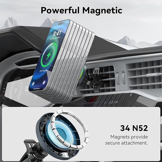 Lecork for Magsafe Car Mount Charger with Cigarette Lighter Adapter, Air Vent Magnetic Wireles Car Holder for iPhone 17Pro Max, iPhone 16 15 14 Series, Samsung S26 Ultra, Zinc Alloy, Black