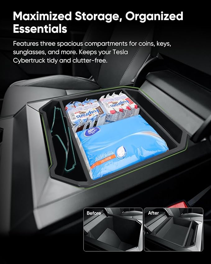 2024-2025 Tesla Cybertruck Center Console Organizer Tray | Custom-Fit Armrest Storage Box | Premium TPE Material, Reserved USB Port, Anti-Slip Design, Easy Installation