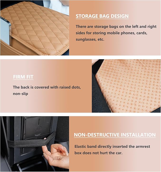 Car Center Console Cover,Microfiber Leather Car Armrest Cover Cushion with Storage Bags, Universal Car Armrest Storage Box Car Interior Accessories for Most Vehicles, Khaki