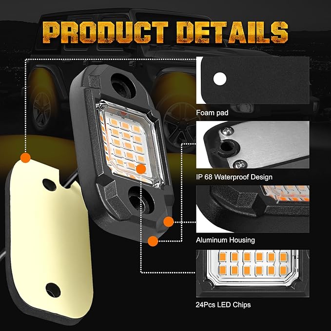 4 Pods Yellow LED Rock Light Waterproof Neon Trail Rig Lamp Underglow Lights for Car Truck Motorcycle SUV ATV UTV (Yellow)