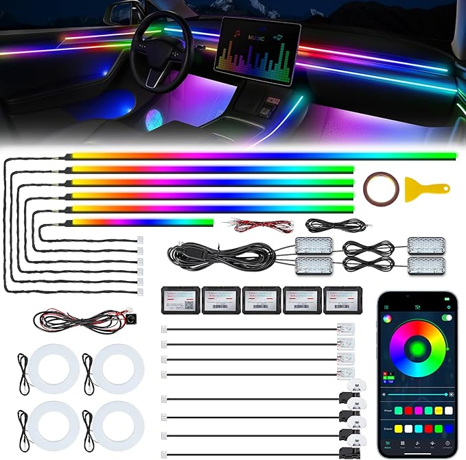 Dreamcolor Acrylic Interior Car LED Strip Light with Wireless APP, RGB 22 in 1 with 175 inches 600 LEDs Fiber Optic Car Ambient Lighting Kits, Music Sync Function Neon LED Strip for Car Accessories