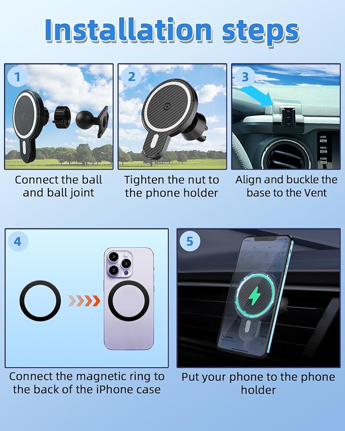 PZK Car Phone Mount for Toyota Tacoma 2016 2017 2018-2022 2023 Accessories Custom Air Vent Phone Holder Magnetic 15W Fast Wireless Charger Hands Free 360° Rotation Cell Phone Automobile Cradles