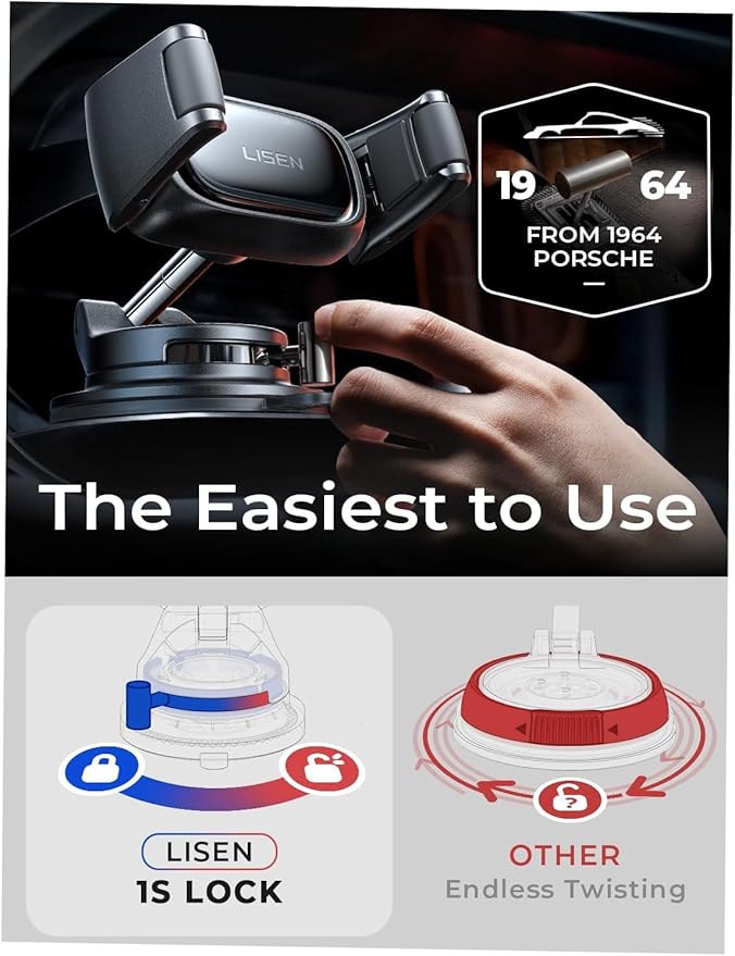 LISEN Suction Phone Mount for Car, [95% Cases Friendly] Car Phone Holder Mount Dashboard Phone Holder, Easy One Touch Suction Cup Cell Phone Car Mount