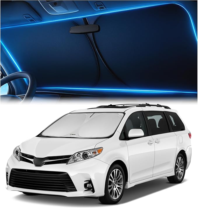 Windshield Sunshade for Toyota Sienna 2011-2020 – Upgraded Double-Layer Design, Mirror Cut-Out, Blocks 99% UV Rays, Thick & Durable, Easy-Fold Toyota Sienna Windshield Sun Shade