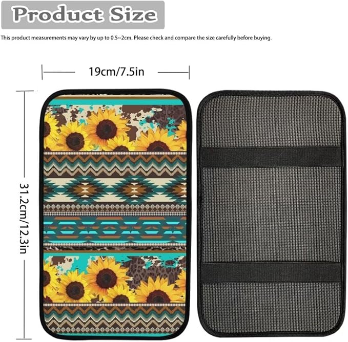 Coldinair Tribal Aztec Car Armrest Cover,Sunflower Auto Center Console Pad,Soft Seat Box Cover Protector Cushion,Car Accessories Decor for Most Cars,Sedan,Truck,SUV