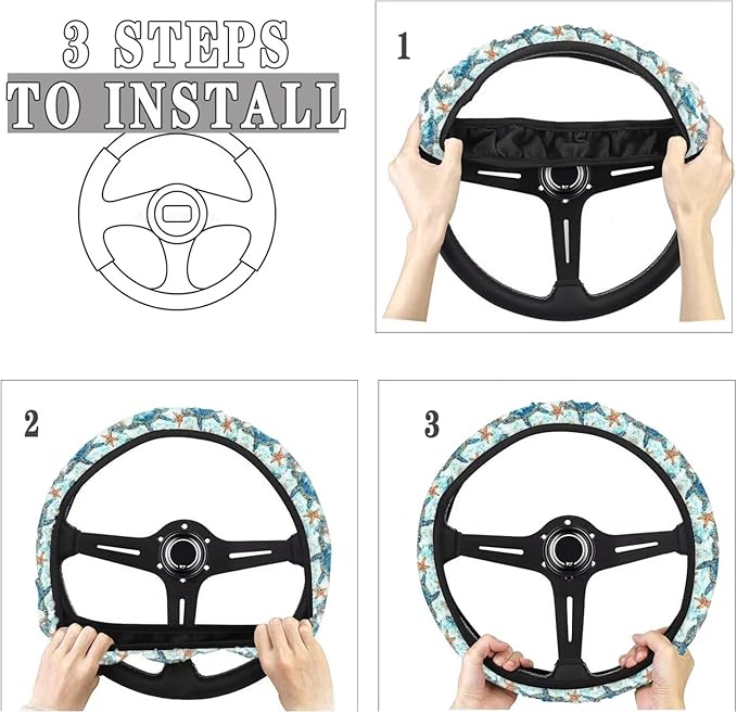 AFPANQZ Steering Wheel Cover for Women, Turtle Starfish Print Sweat Absorbing Non-Slip Steering Wheel Protection Case Machine Washable Elastic Flexible Universal 14 to 15 inch