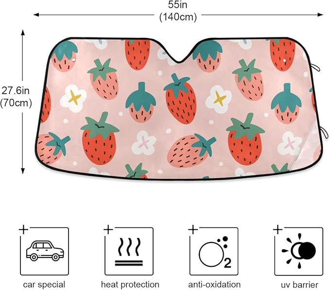 Qilmy Front Windshield Sun Shade Cute Hand Drawn Summer Berries Strawberries Folding Sun Shield Shade, Blocks UV Ray to Keep Your Vehicle CoolSun Visor Protector for Fits Car Truck SUV 55"x27.6"