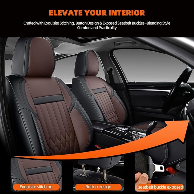 Universal 5-Seater Waterproof Breathable Nappa Leather Car Seat Covers Full Set, Compatible with Hyundai Tucson Sonata, Jeep Renegade, Honda HR-V, Fit Front Rear Seats Most Sedans SUV Black Brown