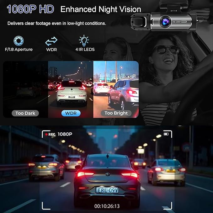 Dash Cam Front and Inside, 1296P Dual DashCams for Car, 3.16 Inch IPS Screen Driving Recorder with IR Night Vision, Loop Recording, Wide Angle Lens, 24H Parking Traffic Recorder with 32GB TF Card