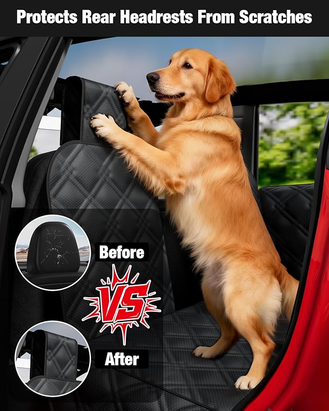 Dog Car Seat Cover for Back Seat Compatible with Tesla Model Y — Hard Bottom Pet Travel Hammock with Seat Extender, Waterproof Backseat Dog Cover with Door & Headrest Protectors