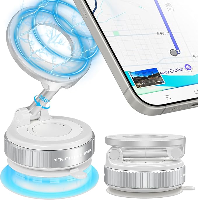 Phone Holders for Your Car, 24 Built-in Strong Magnets & Swivel Suction Cup, Vacuum Suction with Twist-Button Release, Foldable & Reusable for MagSafe & Magnetic Cases, White