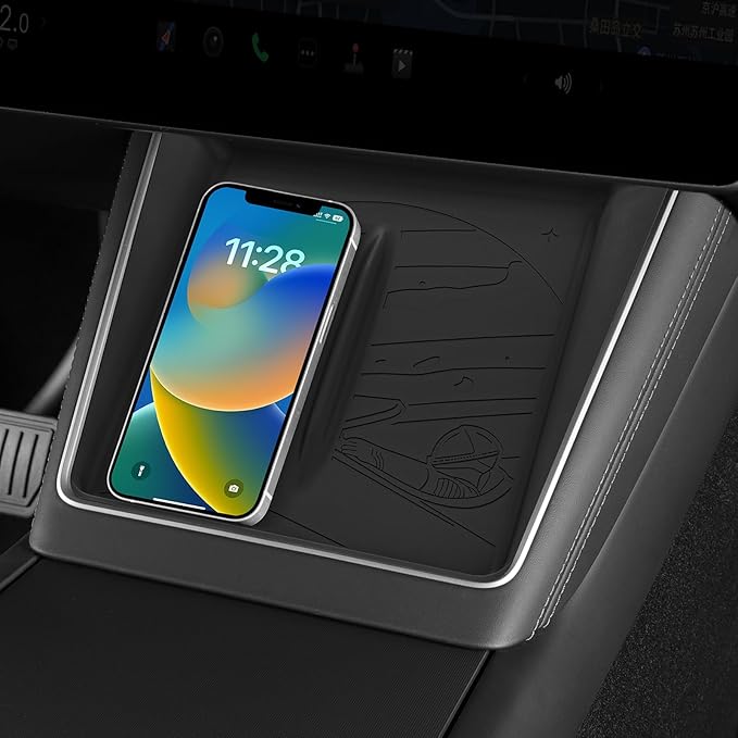 LUCKEASY Wireless Charging Pad for Tesla Model Y Juniper 2025 2026 Center Console Wireless Charger Pad Non-Slip Silicone Mat for Model Y Accessories Black (Star Explorer Texture)