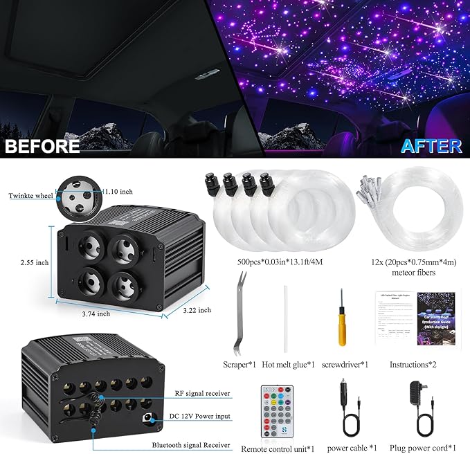Car Starlight Headliner Kit, 4 Colors 32W Twinkle & Meteor Fiber Optic Ceiling Lights, 2 in 1 Light Engine 500pcs*0.03in*13.1ft+240 RGBW Shooting Stars Lights for Car Roof Décor