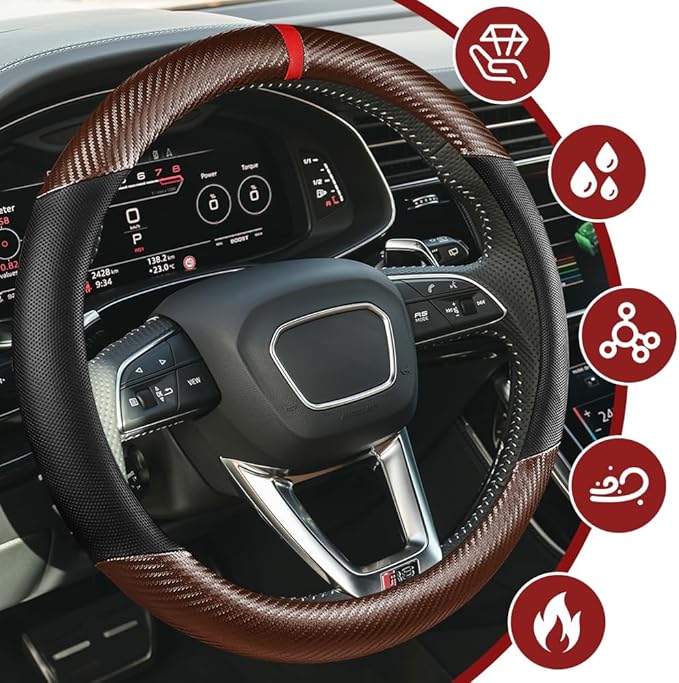 Car Steering Wheel Cover, Steering Wheel Accessories, 15 Inch Microfiber Leather Carbon Fiber Soft Anti-Slip Breathable, Car Accessories Elastic Non-Slip Cover for Most Vehicles (Coffee)