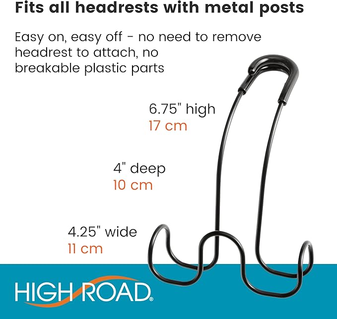 High Road Metal Car Hooks for Purses and Bags - Unbreakable Headrest Car Hooks for Large Purse Straps and Heavy Bags up to 40 lbs - Secure Attachment Loops Fit All Headrest Posts (Triple Hook 2-Pack)