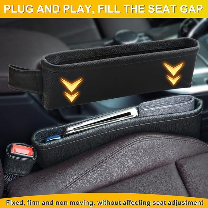2 Pack Update Car Seat Gap Filler Organizer Leather Console Storage Box Front Side Pocket Seats Organizers Filler Interior Car Accessories for Phone Wallet Coin Key Sunglasses (Black)