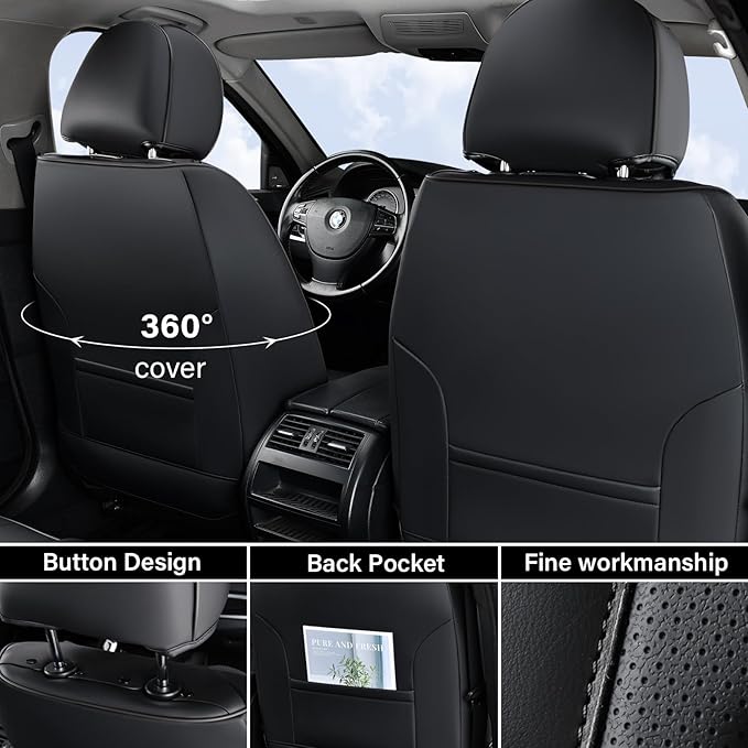 Coverado Car Seat Cover, Front Seat Cover, 2 Pack Universal Seat Covers for Cars, Breathable Nappa Leather Seat Cover, Waterproof Car Seat Protectors, Automotive Seat Covers Fit for Most Cars Black