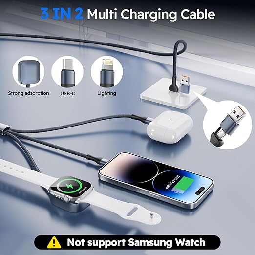 Travel Essentials 3in2 Multi Charging Cable for iPhone Watch Charger,USB A/C to Type C/IP/iWatch Charger, Charging Cords for Multiple Devices Compatible with iWatch Series&iPhone 17-12 6FT