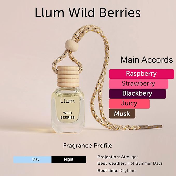 Llum Wild Berries Hanging Car Air Freshener – Luxury Automotive Perfume Diffuser 10ml (0.34 fl oz), Long-Lasting Fragrance, Alcohol-Free Non-Toxic Scent, Glass Bottle With Wood Cap & AC Vent Clip