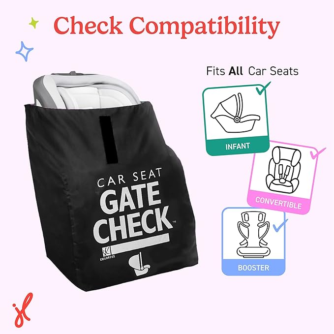 J.L. Childress Gate Check Travel Bag for Car Seats - Car Seat Travel Bag for Airplane, Fits All Baby & Infant Carriers, Airport Accessories for Gate Check, Flying Essentials, AirTag Compatible - Black