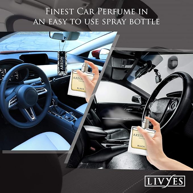 AREON Car Perfume Gold - Air Freshener in Glass Bottle - Luxury Odor Eliminator Spray with Absorber Hanging Pad - Unique Fragrance & Long-Lasting Aroma for Vehicle, Office, Home - Made in Europe, 50ml