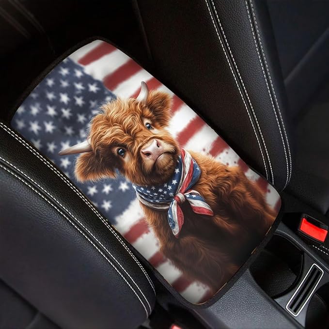 Highland Cattle Print Car Center Console Armrest Cover American Flag Print Armrest Box Cover Center Console Pad Universal Car Interior Decor for Truck Sedan SUV
