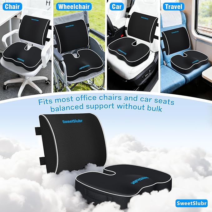 Ergonomic Memory Foam Seat Cushion & Lumbar Support Pillow Set, Orthopedic Coccyx Cushion for Office Chair, Car, Home – Relieves Back, Sciatica & Tailbone Pain, Improves Posture Black/Large