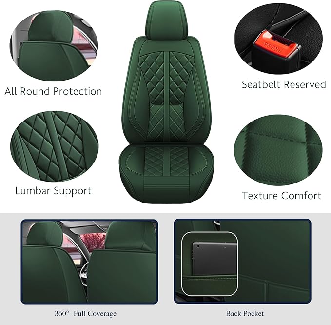 otoez Car Seat Covers Full Set, Universal Leather Seat Cover 5 Seat Waterproof & Breathable Automotive Seat Protector Full Coverage for Cars Sedens, Trucks, SUVs, Vans (Green)