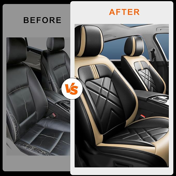CX-90 Car Seat Covers Fit for Mazda CX-90 2007-2026, Full Coverage Premium Leather Waterproof Breathable Seat Covers, Automotive Seat Protectors, Airbag Compatible(2 Front Seats, Black Beige)