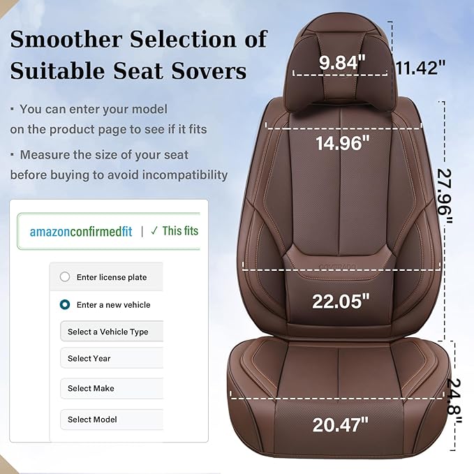 Coverado Front and Back Seat Covers 5 Pieces, Waterproof Nappa Leather Auto Seat Protectors Full Set with Head Pillow, Universal Car Accessories Fit for Most Sedans SUV Pick-up Truck, Brown