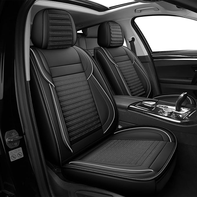 LINGVIDO Front Car Seat Covers, Faux Nappa Leather, Airbag Compatible and Waterproof Protectors for Sedans SUVs, Breathable Anti-Slip Interior for Commuters and Rideshare, Black/Gray